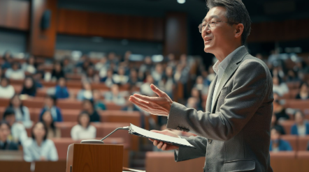 Corporate trainer giving a leadership lecture to a large audience in a university-style auditorium