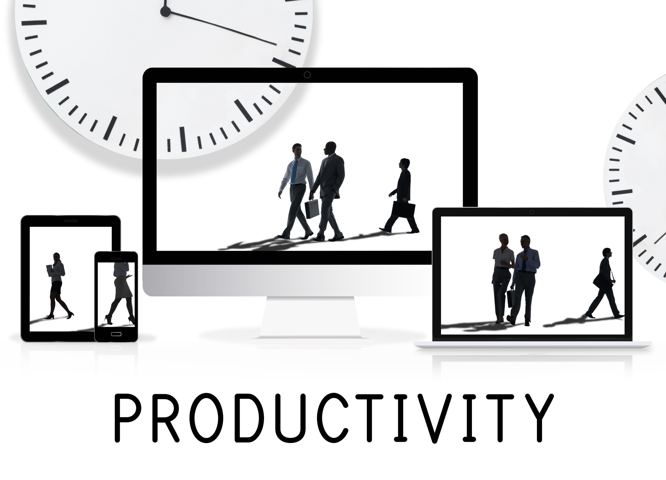 Time management and productivity concept with clocks and silhouettes of business people on digital devices.