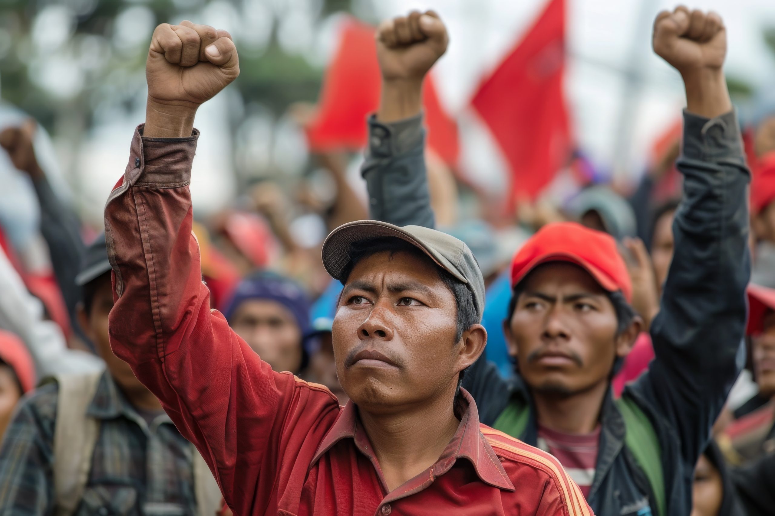 Rusuhan Nepal Indonesia dengan kumpulan pekerja mengangkat tangan melambangkan protes dan solidariti