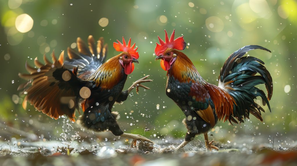 Ilustrasi dua ekor ayam kampung dan ayam bandar sedang berlaga, menggambarkan Ciri-Ciri Pemimpin: Ayam Kampung vs Ayam Bandar dalam Dunia Korporat, dengan warna bulu yang terang dan latar semula jadi.