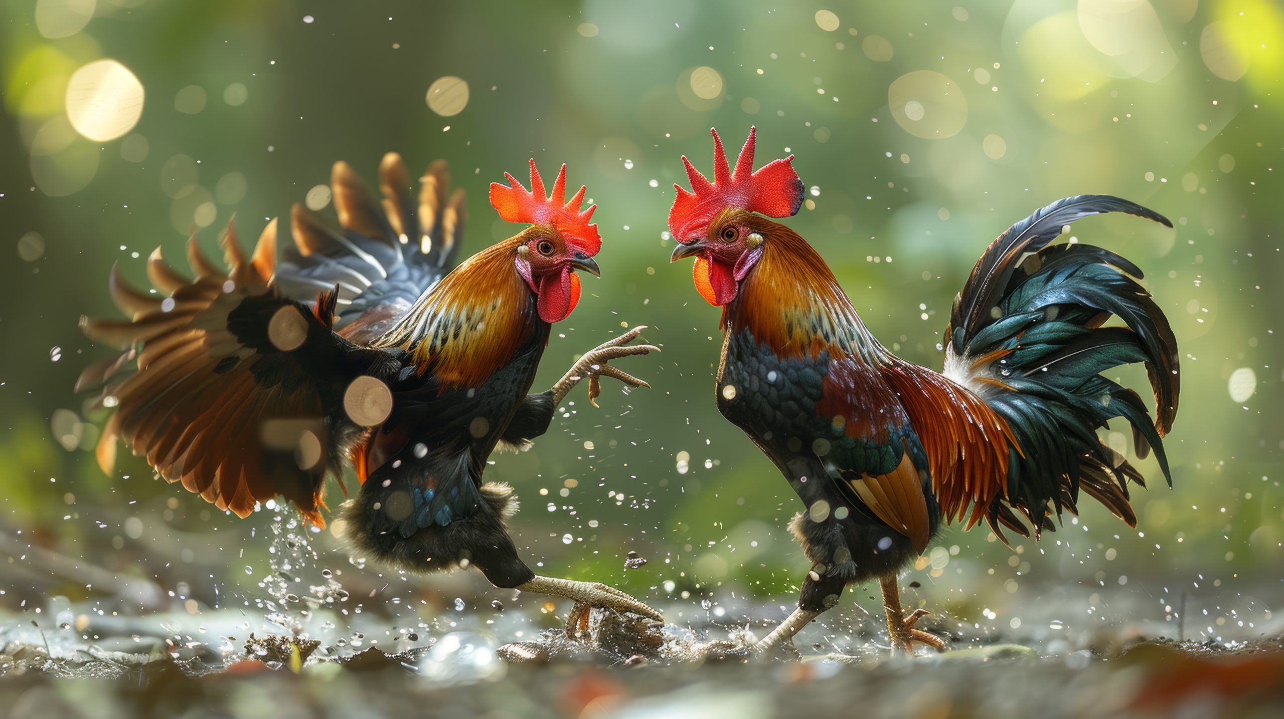 Ilustrasi dua ekor ayam kampung dan ayam bandar sedang berlaga, menggambarkan Ciri-Ciri Pemimpin: Ayam Kampung vs Ayam Bandar dalam Dunia Korporat, dengan warna bulu yang terang dan latar semula jadi.