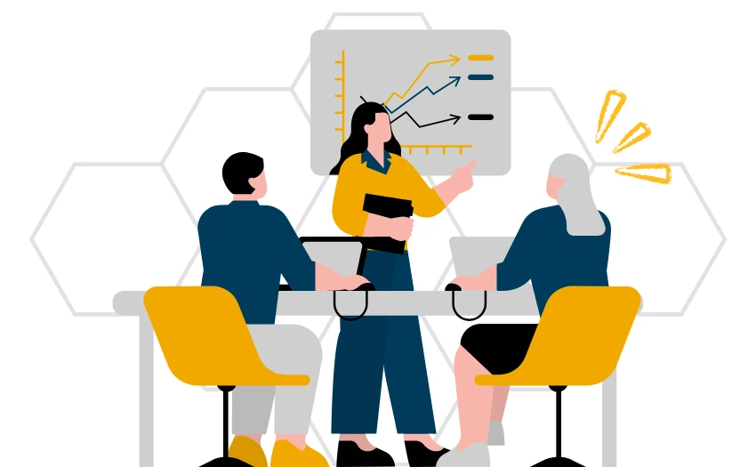 Ilustrasi seorang pemimpin wanita sedang membentangkan analisis data pada carta graf kepada dua ahli pasukannya di dalam bilik mesyuarat.