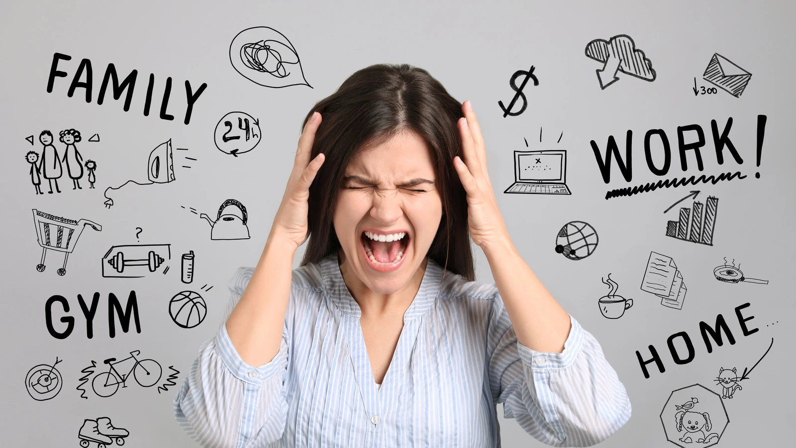 Seorang wanita berkulit cerah menjerit dan memegang kepalanya dengan ekspresi tekanan melampau, dikelilingi oleh lakaran tangan yang mewakili pelbagai tuntutan hidup seperti Keluarga (Family), Kerja (Work), Gim (Gym), dan Rumah (Home). Imej ini melambangkan keperluan untuk mengetahui cara wanita mengurus tekanan dengan sihat akibat bebanan pelbagai peranan.