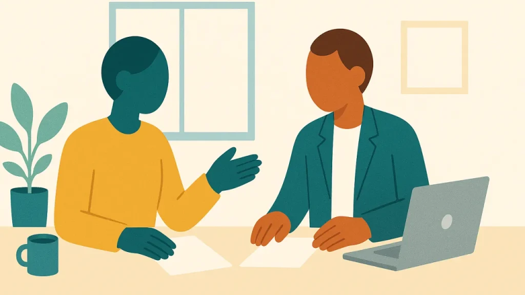 Ilustrasi dua orang profesional sedang duduk berbincang secara tenang di meja kerja yang mempunyai komputer riba dan cawan, menggambarkan amalan mendengar secara aktif dan komunikasi berhemah dalam kepimpinan berasaskan empati.