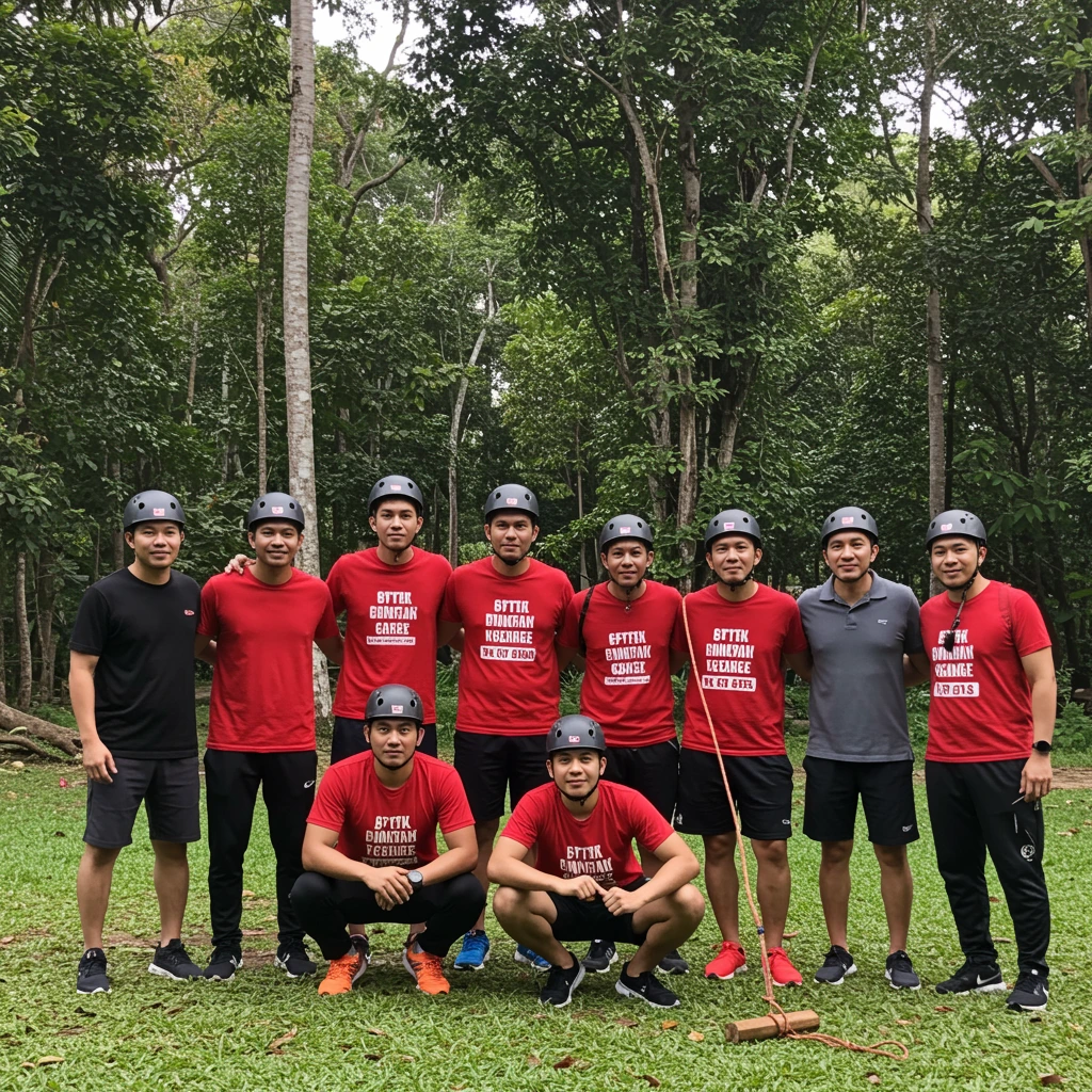 Peserta lelaki Malaysia dalam aktiviti team building HRD Corp di kawasan outdoor