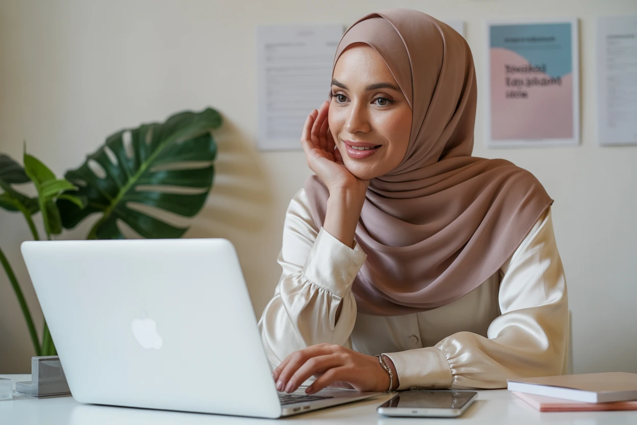 wanita profesional bertudung bekerja di laptop dalam pejabat moden