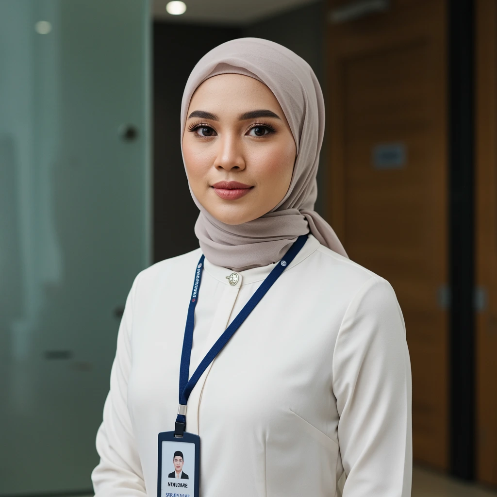 Wanita profesional bertudung memakai ID tag di pejabat korporat moden