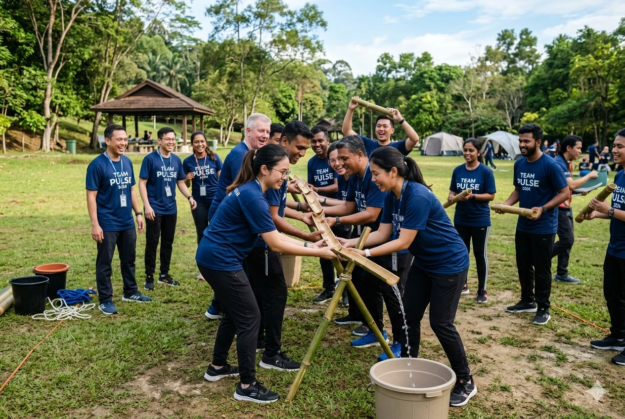 aktiviti team building outdoor menggunakan permainan air untuk meningkatkan kerjasama pasukan