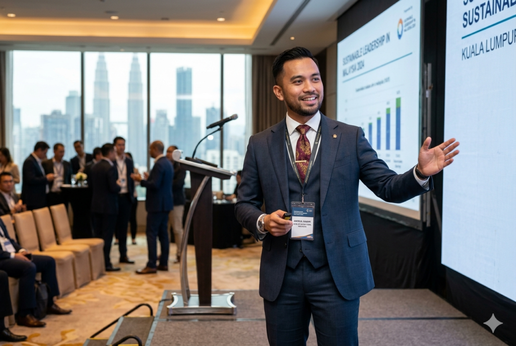 Professional businessman delivering a presentation at a corporate conference, demonstrating confidence, communication skills, and leadership presence