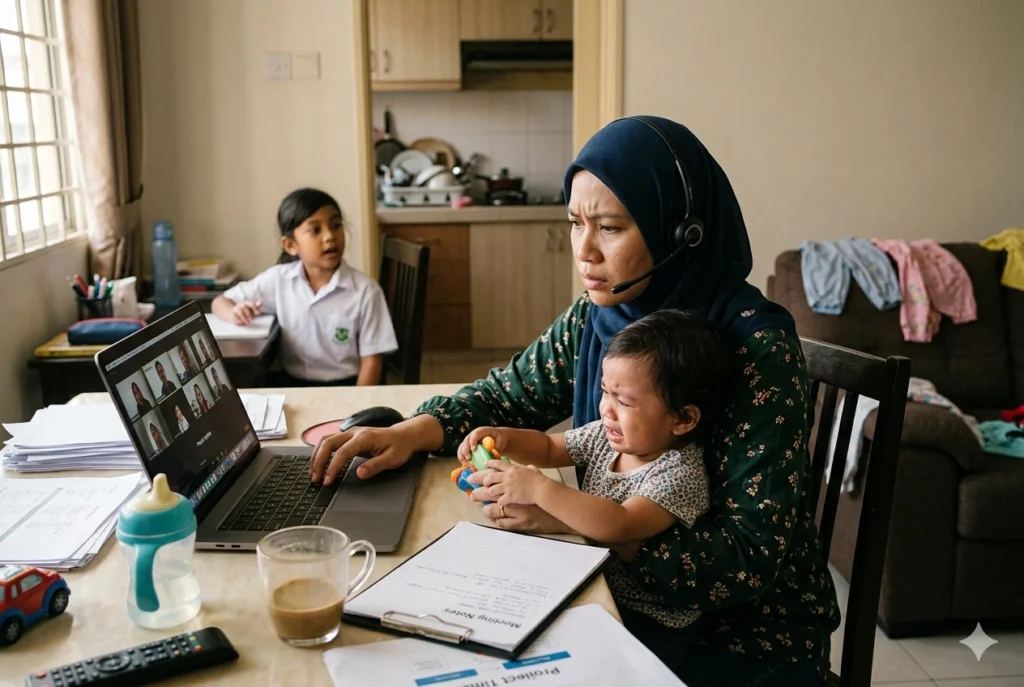 Gambar candid seorang wanita bertudung sedang khusyuk bermesyuarat dalam talian menggunakan set kepala (headset) dan komputer riba di meja makan, sambil memangku anak kecilnya yang sedang menangis dan memegang mainan. Di latar belakang, seorang lagi anak berpakaian sekolah sedang belajar di meja lain, menggambarkan cabaran situasi 'work-from-home' dengan suasana rumah yang sibuk dan sepahan pakaian di sofa.