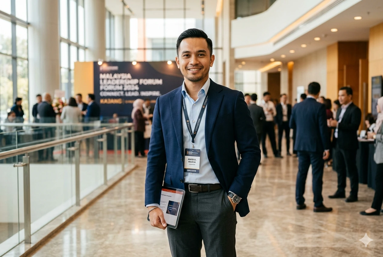 Confident young professional man at a corporate networking event showcasing strong first impression, professionalism, and personal branding