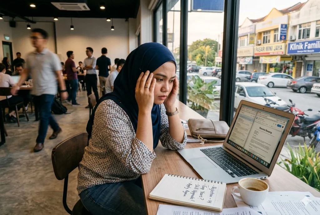 Wanita berhijab bekerja di kafe sambil melihat laptop dengan ekspresi stres mencari pekerjaan selepas career break
